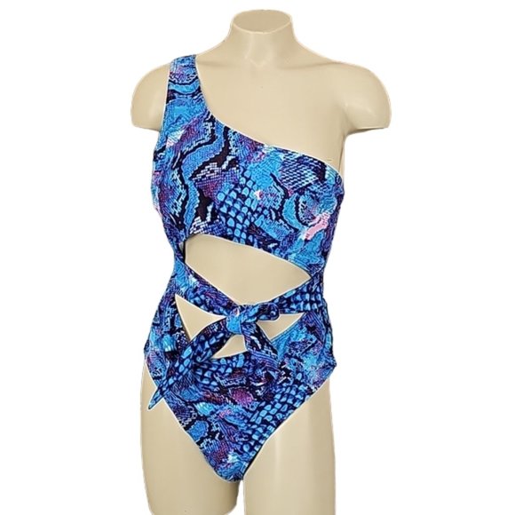 Snakeskin Knot Waist 1 Shoulder 1 piece swim suit bathing suit not worn bra pads - Picture 2 of 12